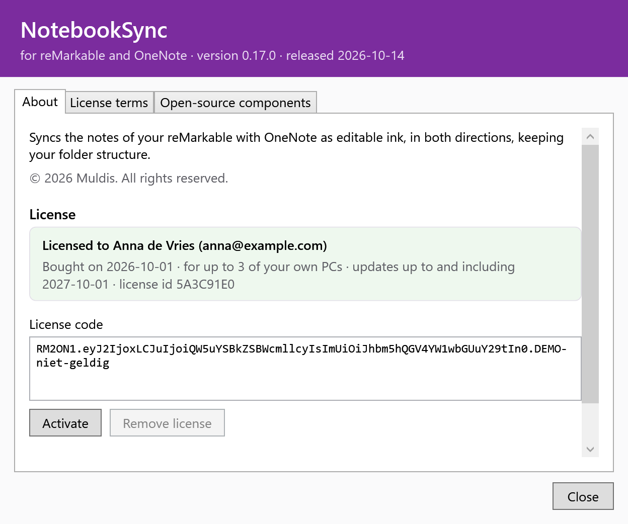 About window with the license