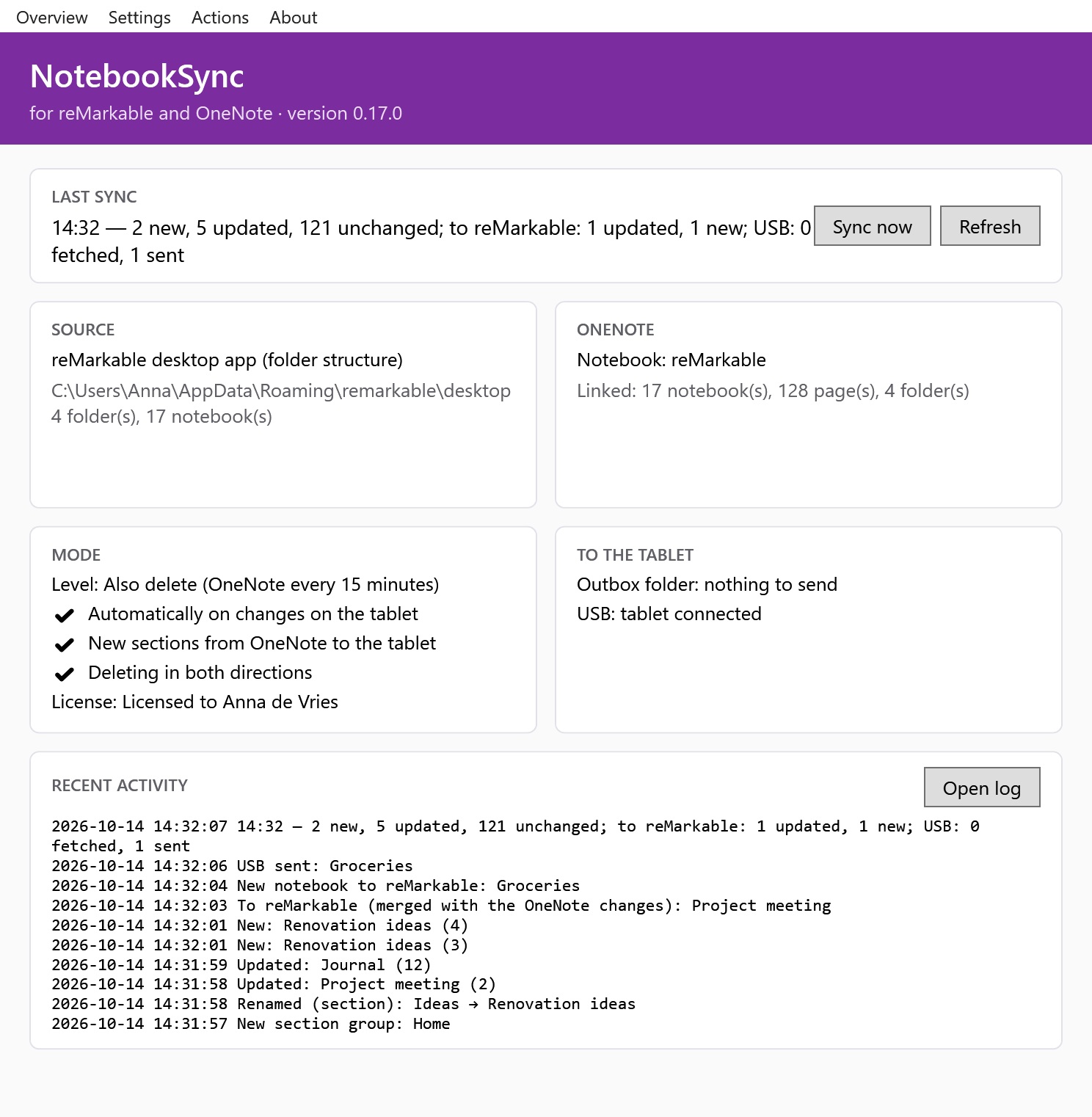 NotebookSync overview: last sync, source, OneNote notebook, mode and recent activity