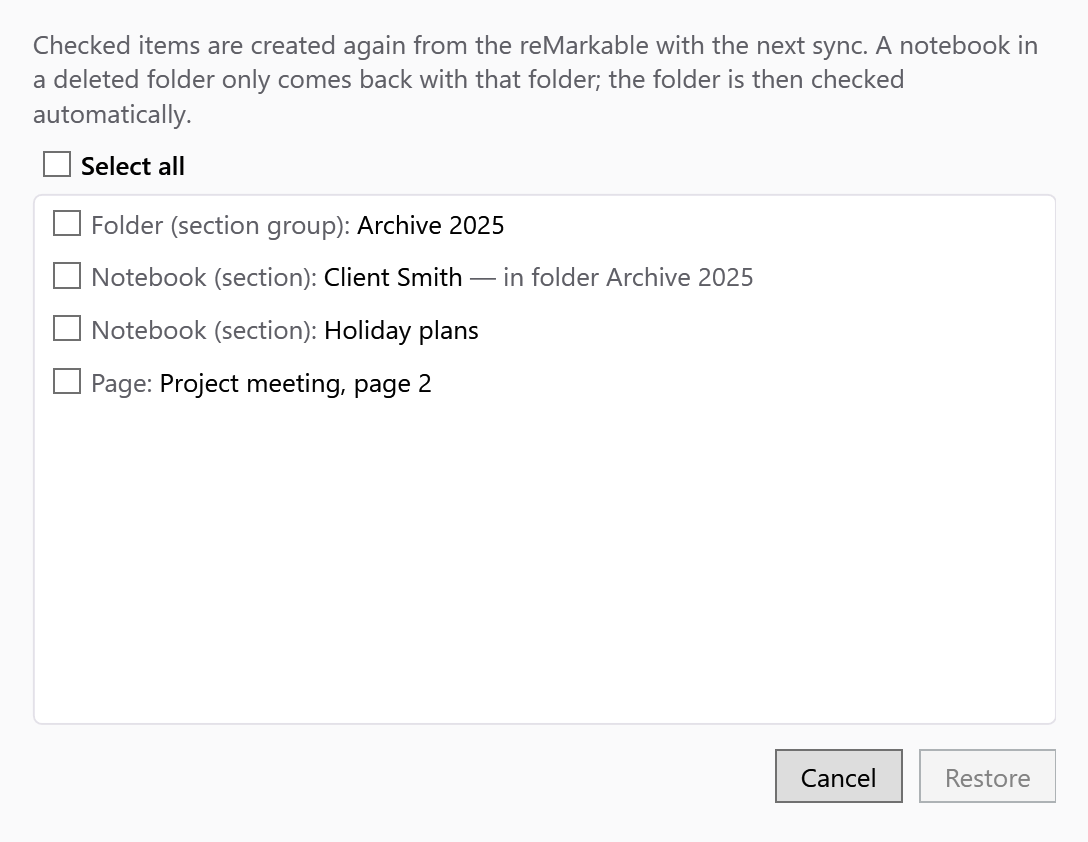 Window to restore items deleted in OneNote