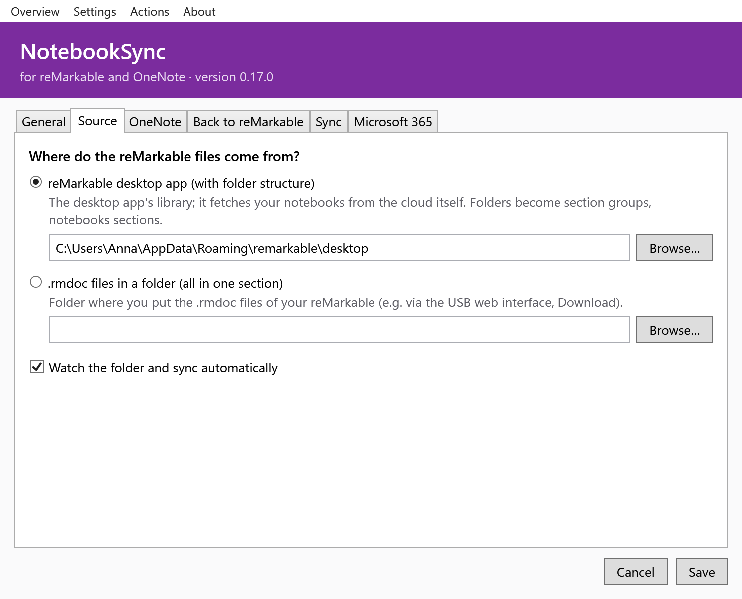 Settings, Source tab