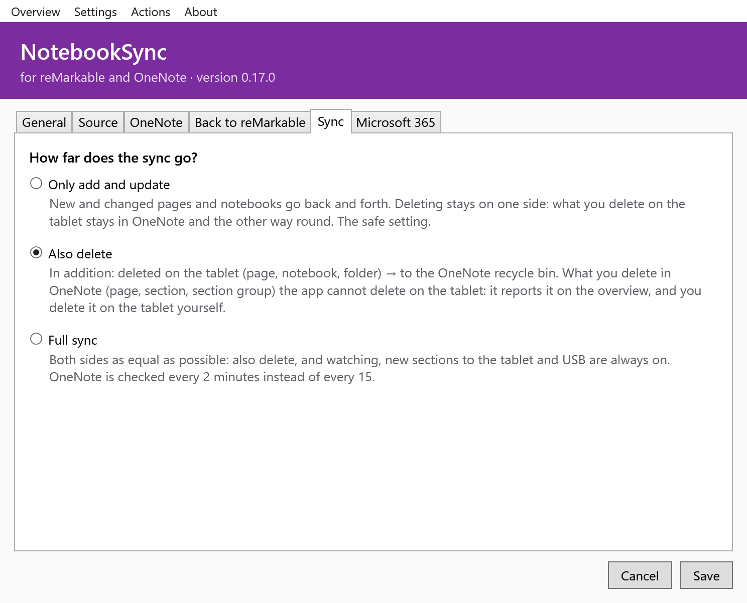 Settings, Sync tab